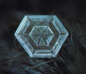 Auf dieser Aufnahme ist sehr gut die sechseckige Grundstruktur der Eiskristalle zu erkennen. Die räumliche Anordnung der Atome im Wassermolekül lässt nur ein hexagonales Kristallgitter zu.